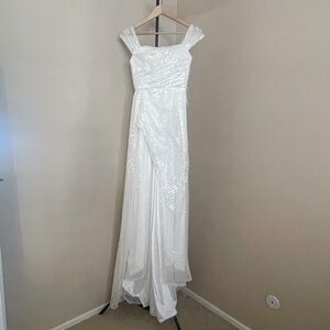 TS Couture Off the Shoulder White Sequins Long Dress